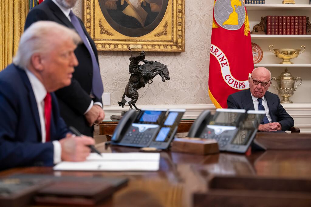 Rupert Murdoch looks on as US president Donald Trump speaks to members of the media in the Oval Office at the White House in Washington, DC on February 3rd. Photograph: Craig Hudson for The Washington Post via Getty Images