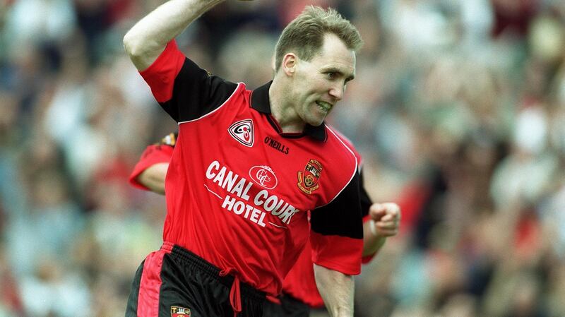Mickey Linden of Down celebrates scoring a goal in an Ulster Championship match against Antrim in June 1999. Photograph: Andrew Paton/Inpho