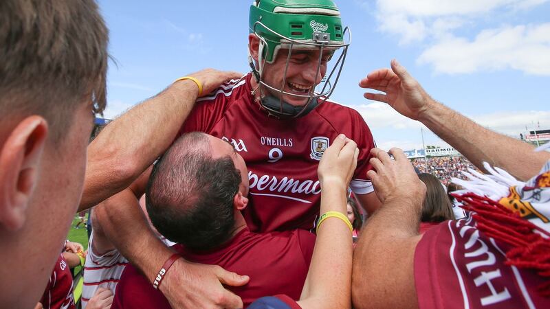 DaithÍ Burke celebrates the semi-final victory over Clare with supporters. He is one of Galway’s proven enforcers alongside the likes of David Burke, Canning, Padraig Mannion and Conor Whelan. Photograph: Tommy Dickson/Inpho