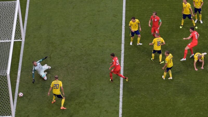 England’s Harry Maguire scores from a corner in the first half. Photograph: Getty Images