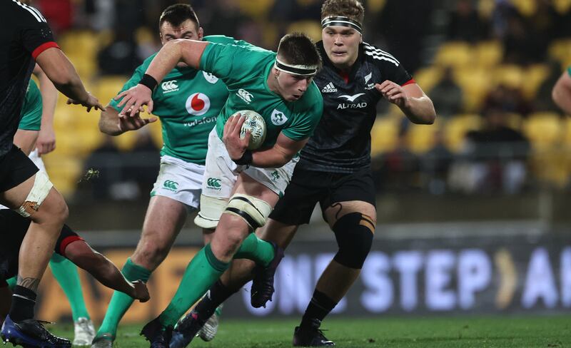 Ireland’s Joe McCarthy playing against New Zealand. Photograph: Billy Stickland/Inpho