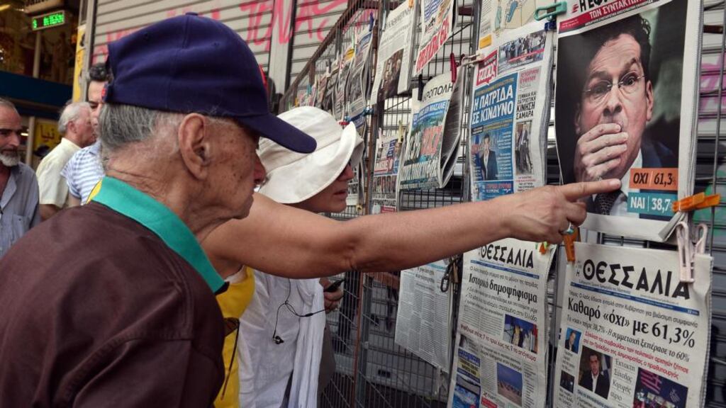 Newspaper headlines show the results of Greece’s referendum, in Athens, on July 6th. Photograph: Getty Images
