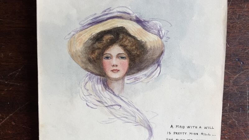 A page from Averil Deverell’s autograph book featuring a watercolour of ‘pretty Miss Rill… a maid with a will’.