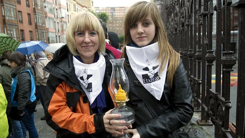 Itziar Goienetxea with her daughter at a demonstration for Eta prisoners. Her husband is serving his sentence for membership of Eta in Cádiz, on Spain’s southern coast, 750 miles away.