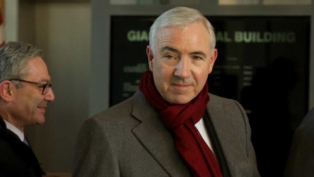 Seán Dunne with his attorney, James Berman, before a meeting with creditors in New Haven Federal Court yesterday.