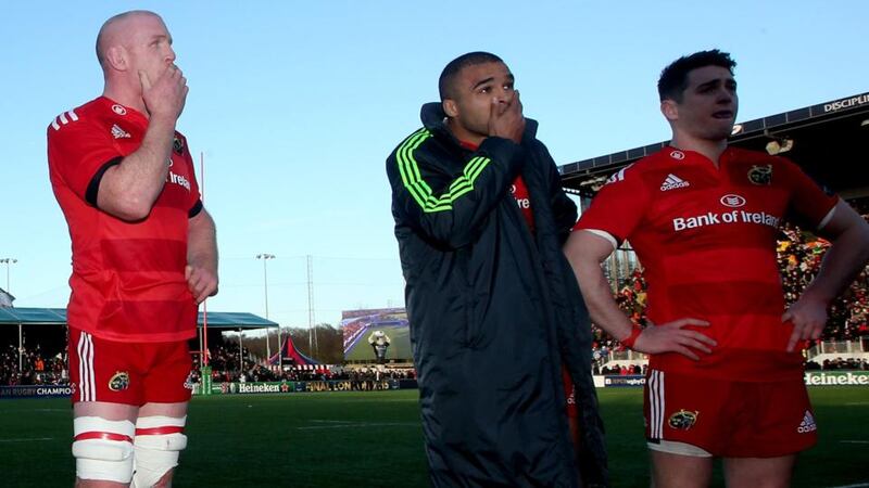 Munster’s Paul O’Connell, Simon Zebo and Ronan O’Mahony after the 33-10 Champions Cup defeat to Saracens at Allianz Park. Photograph: James Crombie / Inpho
