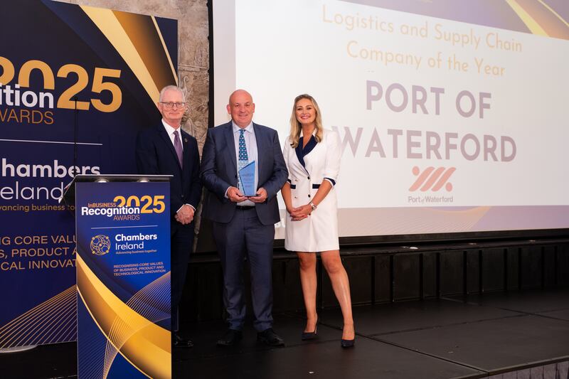 Ian Talbot, chief executive of Chambers Ireland; David Sinnotti, chief executive at Port of Waterford; and Anna Daly, MC of the awards. Photographer: Ruben Morrissey-Fernandez/Ruby Productions