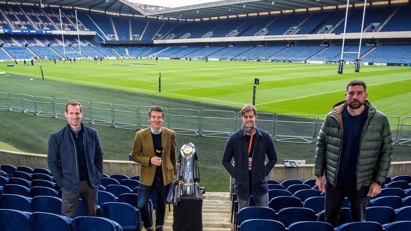 Who’s watching? Sky Sports Premier pundits with the Guinness Pro14 trophy at Murrayfield prior to the semi-final between Ulster and Edinburgh on Saturday. Photograph: Craig Watson/Inpho