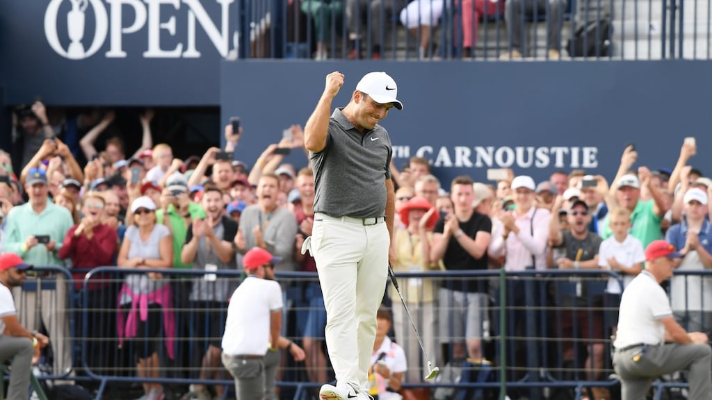 Italy’s Francesco Molinari  celebrates after making a birdie on the 18th hole  during the final round of the British  Open  at Carnoustie. Photograph:  Harry How/Getty Images