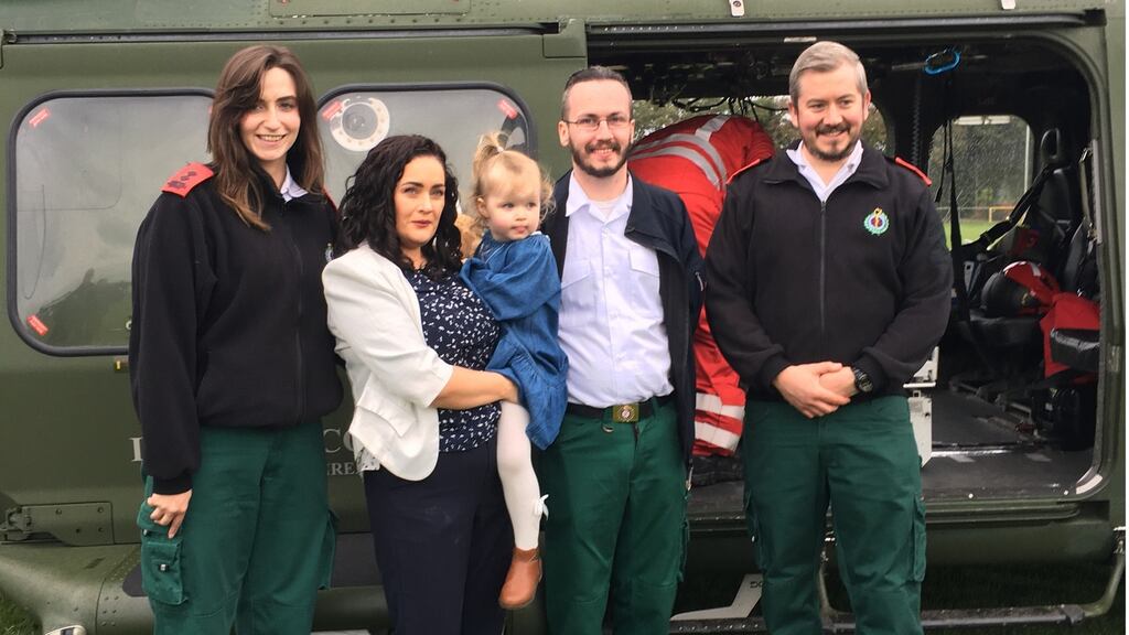 Melinda Hickey (second left) and her daughter Therese are pictured with emergency workers Orna Williams, Connor Hoey and Daniel Kenna who helped the Hickey family when Therese was found unresponsive in a pond in their garden in Co Monaghan last year. Photograph: Mary Byrne