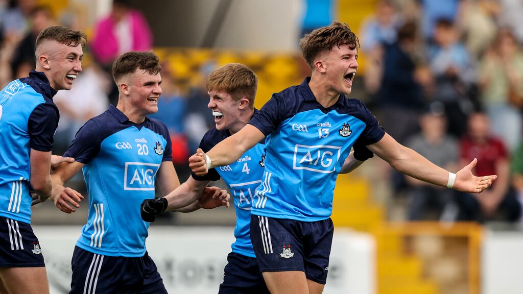 Dublin's Sean Keogh, Andrew O'Reilly, Jack O'Sullivan and Paddy Curry celebrate after the final whistle. Photograph: Ben Brady/Inpho