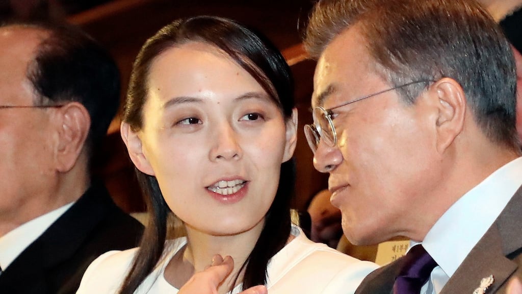 Kim Yo-jong with South Korean president Moon Jae-in: She says his defence minister’s comments about Seoul’s pre-emptive strike capabilities are a ‘fantastic daydream’ and the ‘hysteria of a lunatic’. Photograph: Bee Jae-man/Yonhap