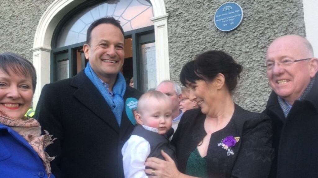 Taoiseach Leo Varadkar meets baby William Pardy during his canvass in Birr, Co Offaly, on Friday. Photograph: Áine McMahon/PA Wire