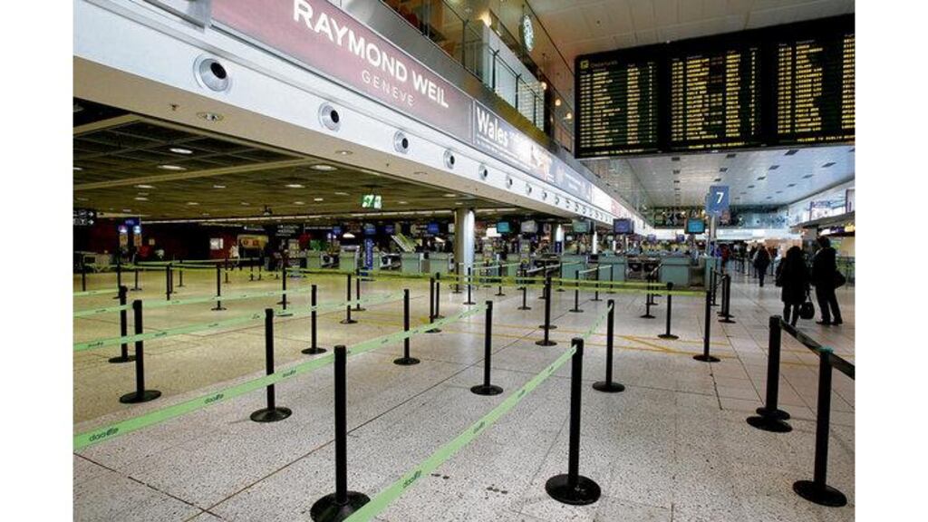 Dublin airport yesterday during the work stoppage by air traffic controllers which led to the cancellation of all flights between 12.50pm and 6pm.