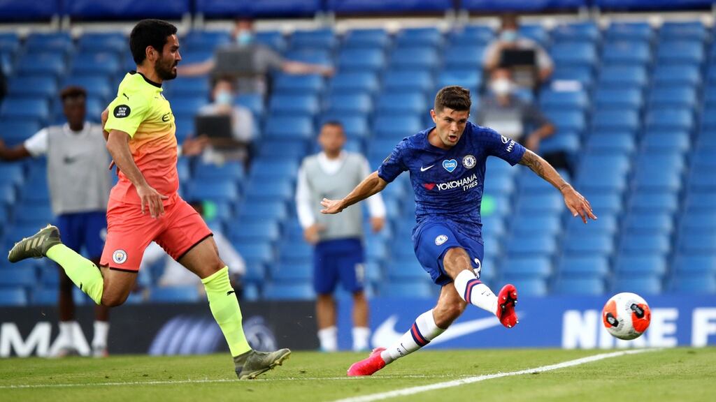 Christian Pulisic scores  Chelsea’s  opening goal during the Premier League match against Manchester City at Stamford Bridge. Photograph: Julian Finney/Getty Images