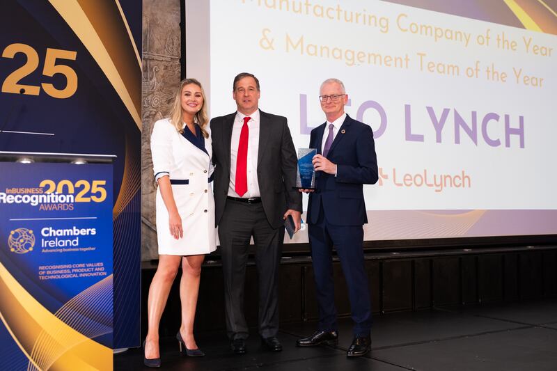 Anna Daly, MC of the awards; Brian Priestley, engineering director and Ian Talbot; chief executive of Chambers Ireland. Photographer: Ruben Morrissey-Fernandez/Ruby Productions