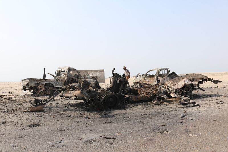 Burnt out vehicles reportedly belonging to pro-government troops following yesterday’s air strikes by Emirati forces on Yemen’s interim capital Aden. Photograph: Nabil Hasan/AFP/Getty