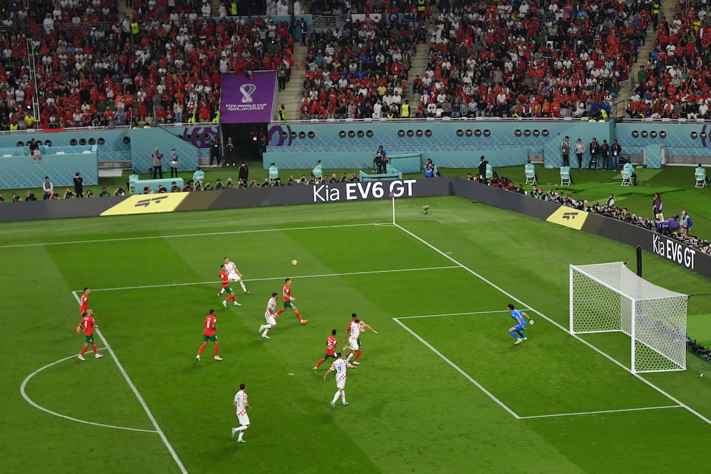 Mislav Orsic of Croatia scores their second goal past Morocco goalkeeper Yassine Bounou during the World Cup third-place match at Khalifa International Stadium in Doha. Photograph: Dan Mullan/Getty Images