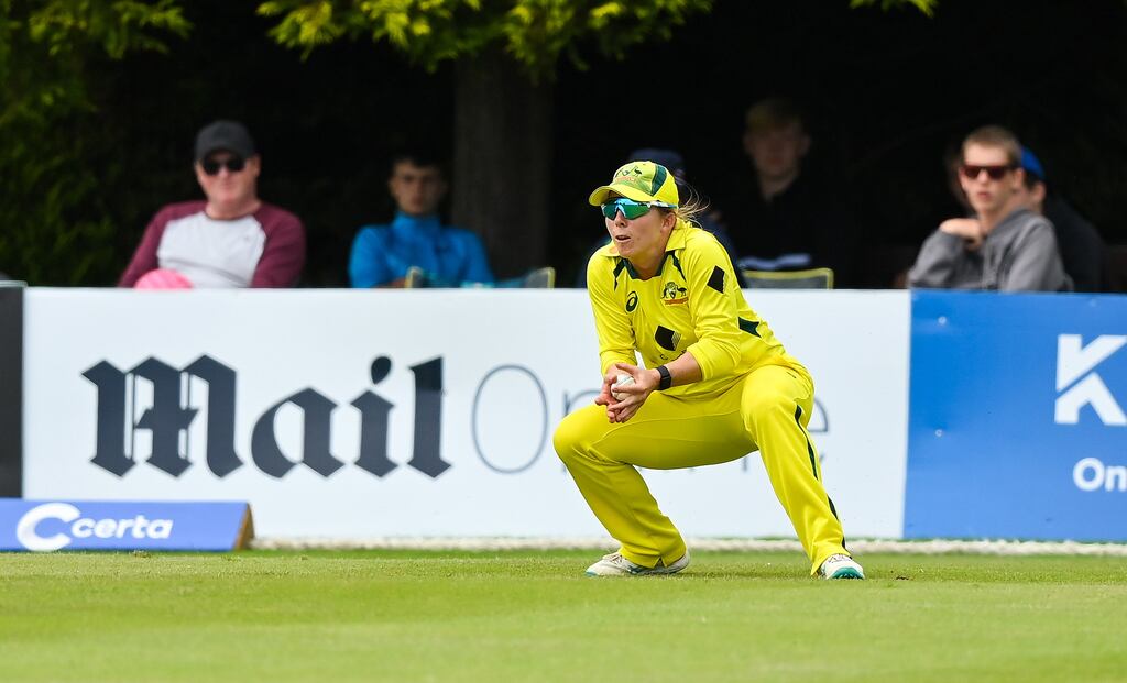 Australia's Phoebe Litchfield catches Ireland's Orla Prendergast during the third match of the Certa Women’s One Day International Challenge series at Castle Avenue in Clontarf. Photograph: Seb Daly/Sportsfile
