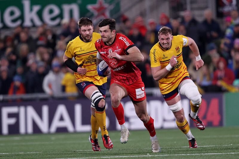 Toulouse's Blair Kinghorn makes a break in the victory over Ulster at the Kingspan Stadium, Belfast. Photograph: Bryan Keane/Inpho