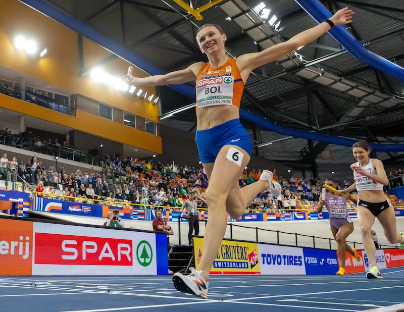 Femke Bol wins the mixed 4x400m relay final at the 2025 European Athletics Indoor Championships in Apeldoorn on Thursday. Photograph: Morgan Treacy/Inpho