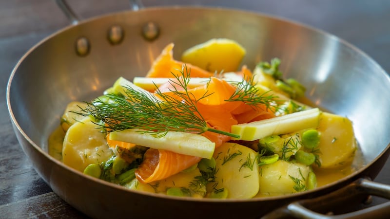 Warm salad of baby potatoes, smoked salmon and broad beans. Photograph: Patrick Browne