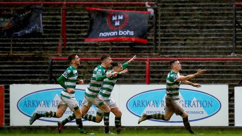 Shamrock Rovers’ Aaron Greene celebrates scoring the winning goal against Bohemians in the game at Dalymount Park on February 15th. Photograph: Ryan Byrne/Inpho