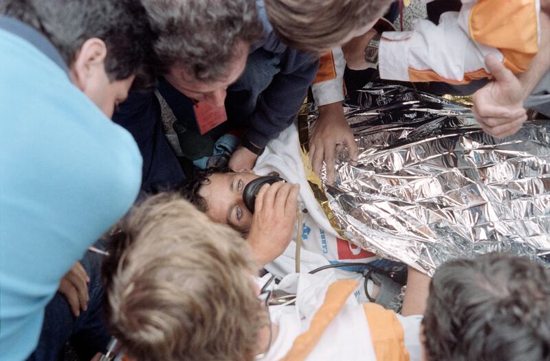 Stephen Roche receives after fainting at the arrival of the 21st stage of the 1987 Tour de France. Photograph: AFP via Getty Images