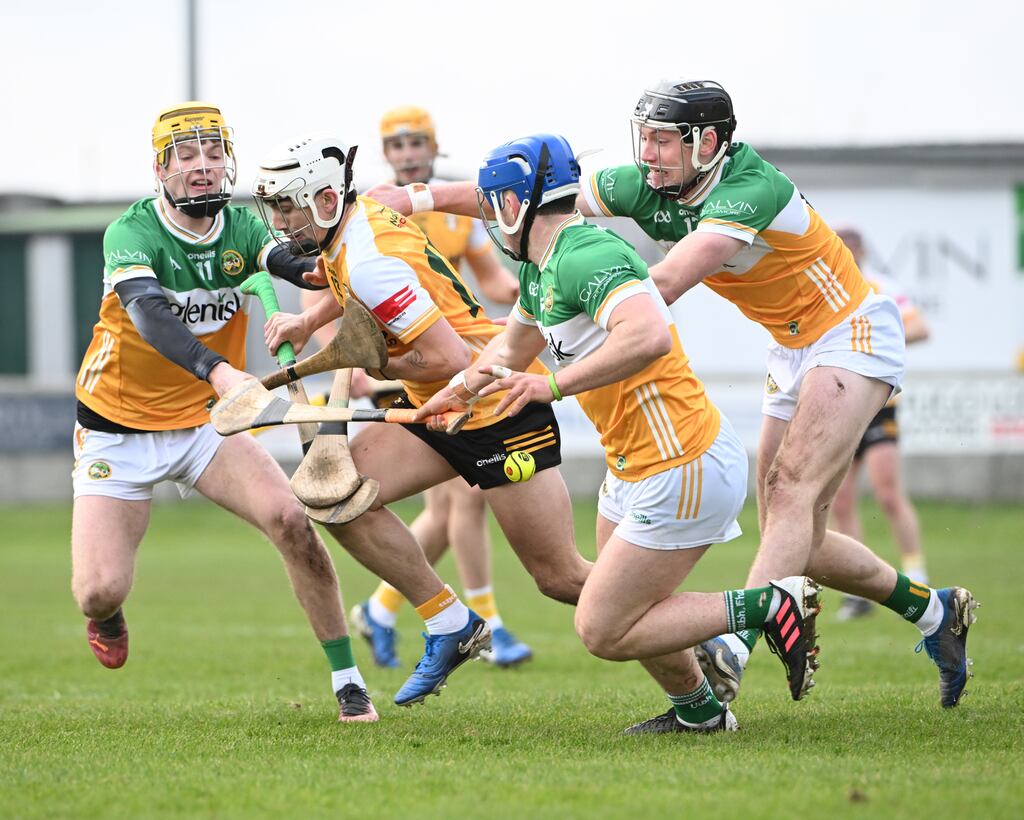 Sean Elliott of Antrim runs into the Offaly defence during the NHL Division 1B game in Tullamore. Photograph: Andrew Paton/Inpho