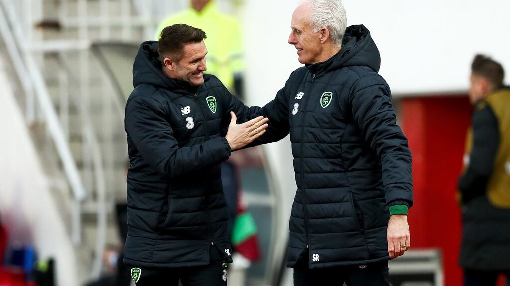 Republic of Ireland assistant coach Robbie Keane and manager Mick McCarthy celebrate Jeff Hendrick’s goal in the Euro 2020 qualifier against Gibraltar at Victoria Stadium. Photograph: James Crombie/Inpho