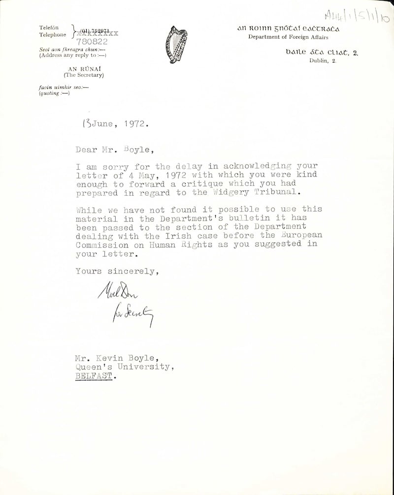 A letter from the Department of Foreign Affairs thanking Kevin Boyle for his report Widgery: A Critique