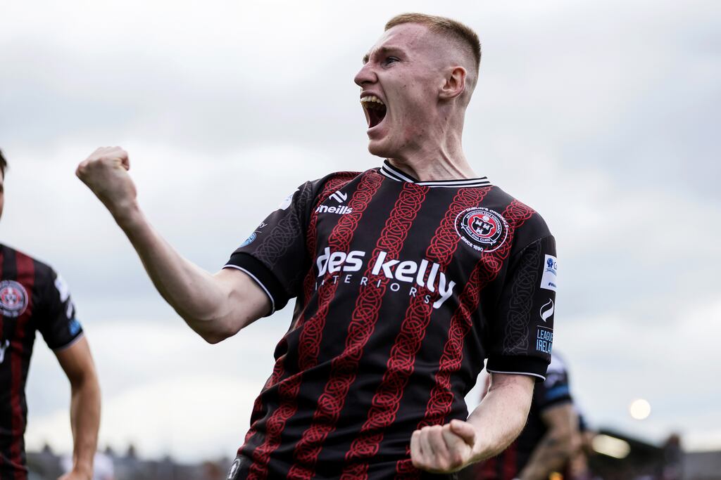 Bohemians' Ross Tierney celebrates scoring a goal during the SSE Airtricity League Premier Division match against Dundalk at Dalymount Park. Photograph: Laszlo Geczo/Inpho