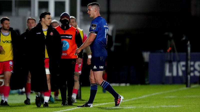 Leinster’s Johnny Sexton goes off injured early on in the game against the Dragons. Photograph: Ryan Byrne/Inpho