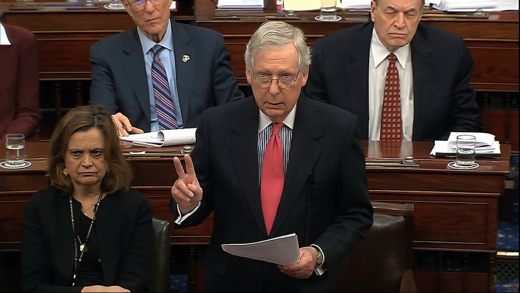 US Senate majority leader Mitch McConnell speaks during the impeachment trial of President Donald Trump on Tuesday. Photograph: Senate Television via AP