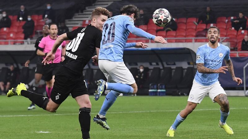 Manchester City’s Bernardo Silva scores his team’s first goal during the Champions League last 16 first-leg game against Borussia Mönchengladbach at the Puskas Arena in Budapest. Photograph: Attila Kisbenedek/AFP via Getty Images
