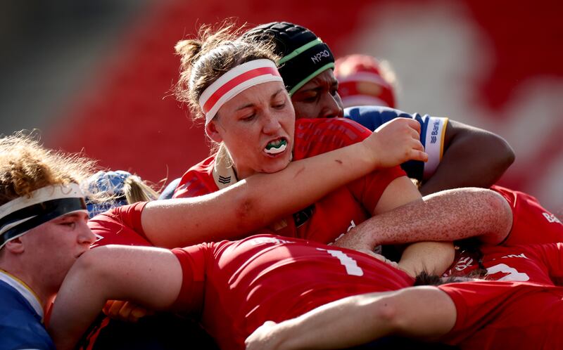 Munster’s Chloe Pearse and Linda Djougang of Leinster during the interpro final at Musgrave Park. Photograph: James Crombie/Inpho