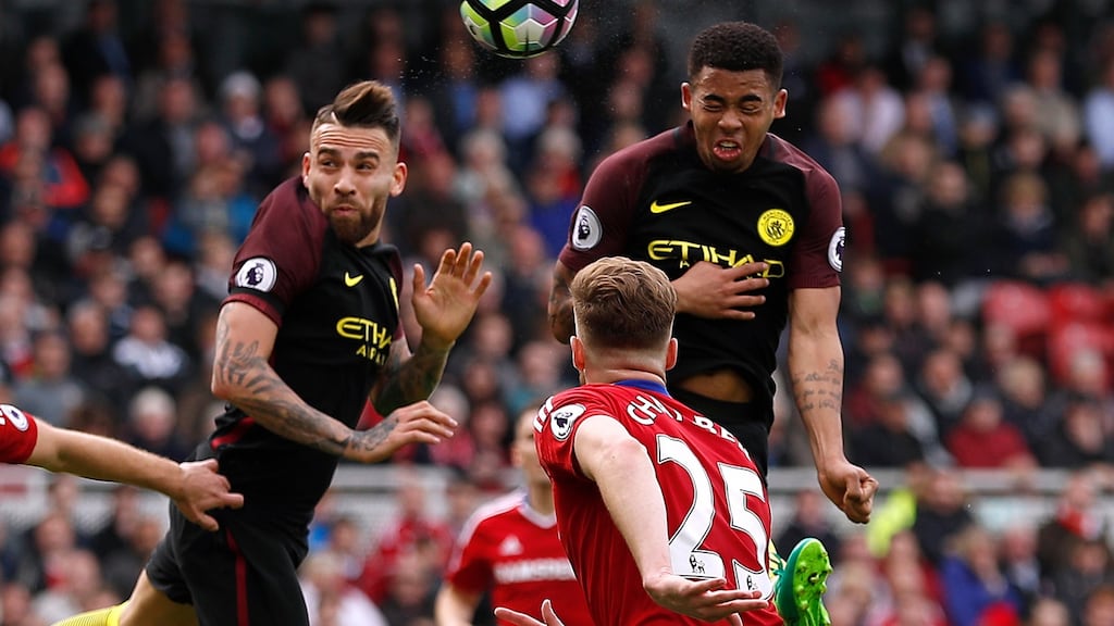 Manchester City’s Gabriel Jesus scores a late equaliser. Photograph: Reuters