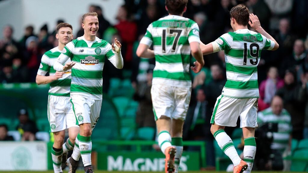 Celtic’s Leigh Griffiths celebrates scoring their third goal at Celtic Park. Photograph: Graham Stuart/Reuters