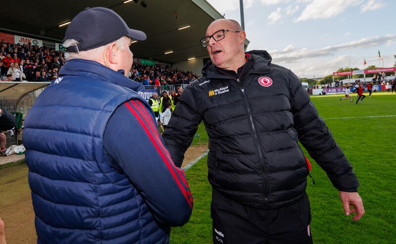 Mayo manager Stephen Rochford and Tyrone manager Malachy O’Rourke after the game. Photograph: James Crombie/Inpho
