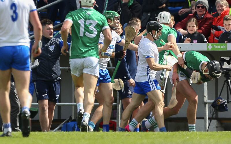 Limerick’s Gearoid Hegarty reacts after allegedly being hit by a member of the Waterford backroom team. Photograph: Ken Sutton/Inpho