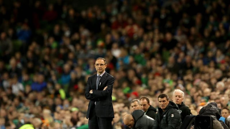 Republic of Ireland manager Martin O’Neill with assistant Roy Keane during the friendly international against Latvia at the Aviva stadium. Photograph: Ryan Byrne/Inpho