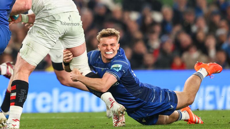 Leinster's Fintan Gunne tackles Kieran Treadwell of Ulster. Photograph: Nick Elliott/Inpho