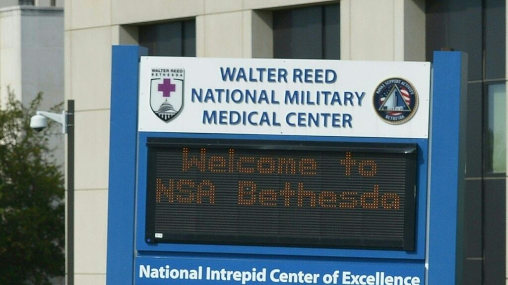 A welcome sign at Walter Reed National Military Medical Center in Bethesda, Maryland, where US president Donald Trump will on Friday undergi his first medical since assuming office. Photograph: Mandel Ngan/AFP/Getty Images