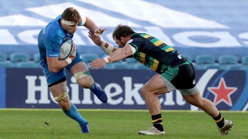 Leinster’s Ryan Baird is tackled by Sam Matavesi of Northampton during the Heienken Champions Cup game at the RDS. Photograph: Bryan Keane/Inpho