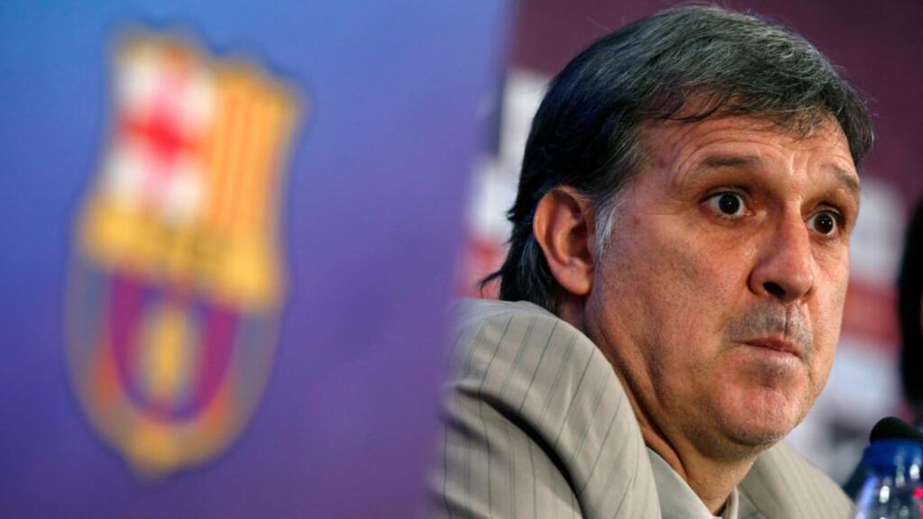 Gerardo ’Tata’ Martino attends a news conference at the Camp Nou. Photograph: Albert Gea/Reuters