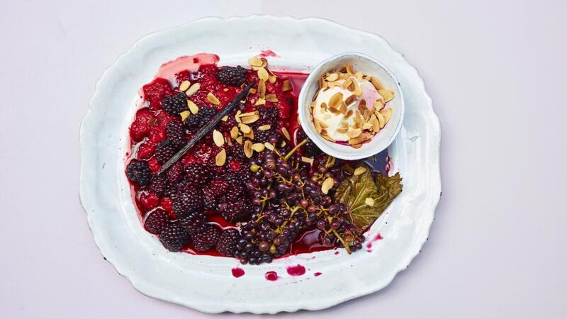 Summer pudding packets: vanilla roasted berries with brioche, mascarpone and almonds. Photograph: David Loftus