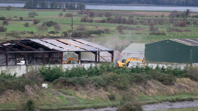 One of the fire-damaged sheds at the site of Ferry’s Refuse near Letterkenny which is being cleared under the supervision of Donegal County Council. Photograph: North West Newspix