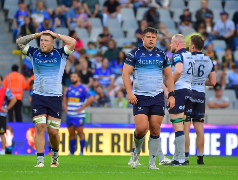Connacht players react during the United Rugby Championship match against the Stormers. Photograph: Grant Pitcher/Gallo Images/Getty Images