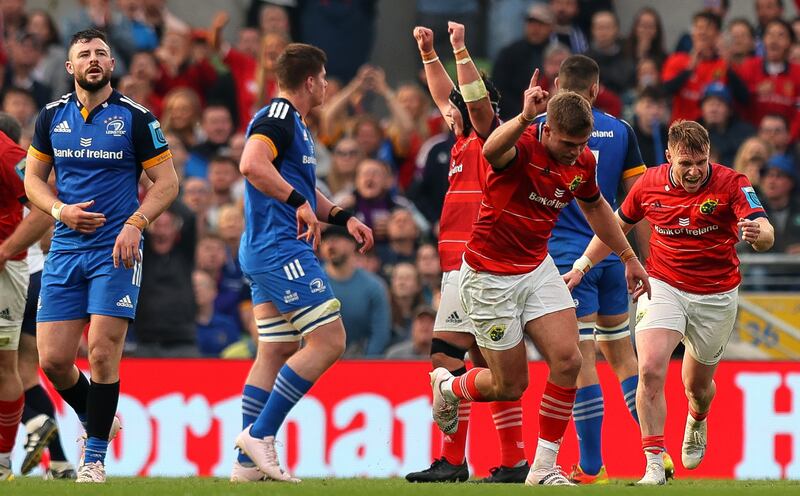 Munster's Jack Crowley kicks the winning drop goal against Leinster in the United Rugby Championship semi-final at the Aviva Stadium, Dublin in May. File photograph: Ryan Byrne/Inpho