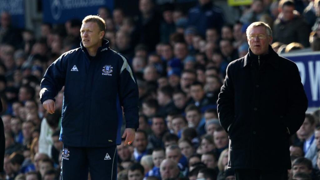Everton manager David Moyes with Manchester United manager Alex Ferguson. The Everton manager is reportedly set to take over at Old Trafford. Photograph: Clive Brunskill/Getty Images